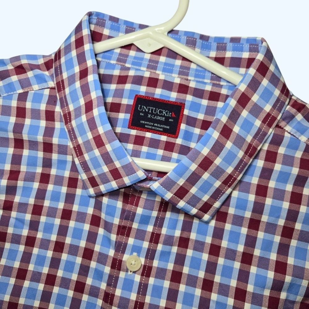 UNTUCKit Hopler Mens XL Regular Fit Blue Burgundy Plaid Short Sleeve Shirt 40629